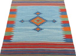 Close-up detail of New Kilim Sofre rug from Turkey showing Wool weave
