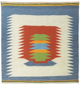 Full view of New Kilim Sofre rug from Turkey, 108 × 103 cm in Multi Color tones
