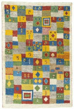Full view of 2000s Persian Gabbeh rug from Pakistan, 146 × 98 cm in Multi Color tones