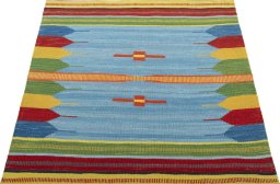 Close-up detail of New Kilim Sofre rug from Turkey showing Wool weave