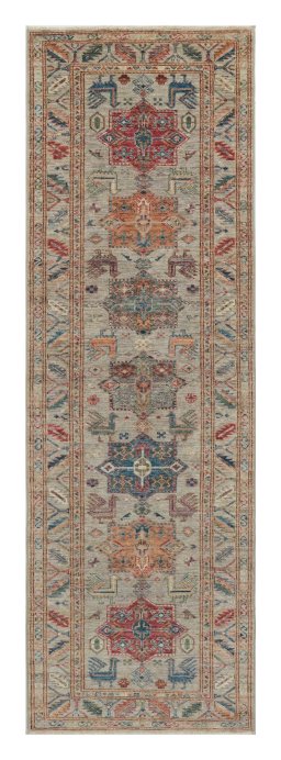 Full view of New Kazak rug from Pakistan, 253 × 79 cm in Gray tones