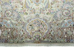 Full view of New Tabriz 50/60/70 Raj rug from Iran / Persia, 248 × 202 cm in Beige tones
