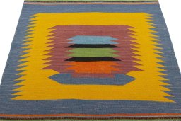 Close-up detail of New Kilim Sofre rug from Turkey showing Wool weave
