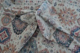Full view of New Kazak rug from Pakistan, 371 × 272 cm in Beige tones