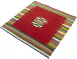 Corner detail of New Kilim Sofre rug showing border pattern and Wool pile