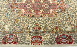 Full view of New Ghom rug from Iran / Persia, 169 × 113 cm in Beige tones