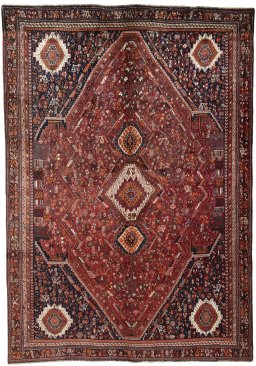 Full view of 2000s Shiraz rug from Iran / Persia, 277 × 193 cm in Red tones