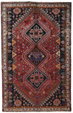 Full view of 2000s Shiraz rug from Iran / Persia, 258 × 165 cm in Red tones