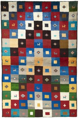 Full view of 2000s Persian Gabbeh rug from Pakistan, 220 × 143 cm in Multi Color tones