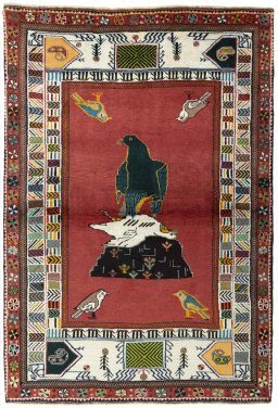 Full view of 2000s Persian Gabbeh rug from Iran / Persia, 190 × 131 cm in Red tones