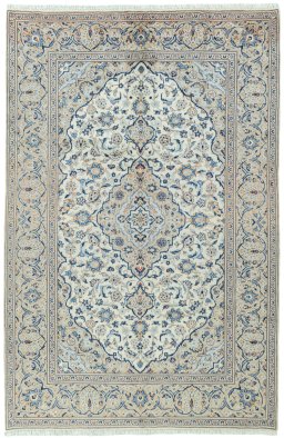 Full view of 2000s Kashan rug from Iran / Persia, 302 × 198 cm in Beige tones