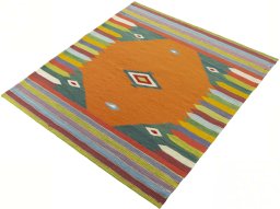 Corner detail of New Kilim Sofre rug showing border pattern and Wool pile
