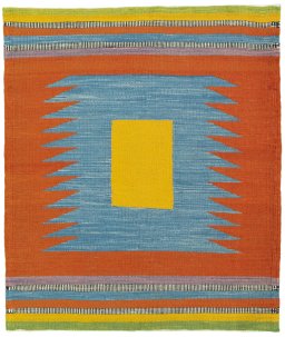Full view of New Kilim Sofre rug from Turkey, 110 × 93 cm in Multi Color tones