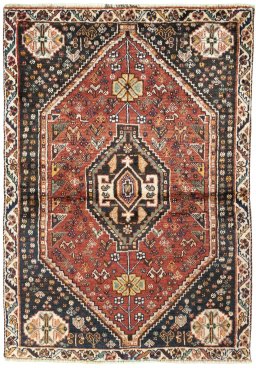 Full view of 2000s Shiraz rug from Iran / Persia, 156 × 108 cm in Red tones