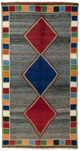 Full view of 1970s Persian Gabbeh rug from Iran / Persia, 268 × 140 cm in Gray tones