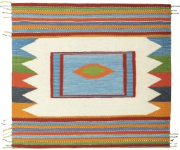 Full view of New Kilim Sofre rug from Turkey, 107 × 118 cm in Multi Color tones