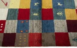 Close-up detail of 2000s Persian Gabbeh rug from Pakistan showing Wool weave
