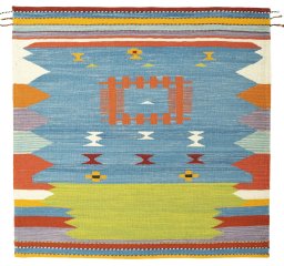 Full view of New Kilim Sofre rug from Turkey, 105 × 107 cm in Multi Color tones