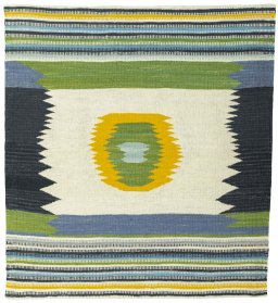 Full view of New Kilim Sofre rug from Turkey, 106 × 97 cm in Multi Color tones
