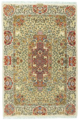 Full view of New Ghom rug from Iran / Persia, 169 × 113 cm in Beige tones