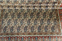 Full view of 1950s Ghom rug from Iran / Persia, 202 × 137 cm in Beige tones