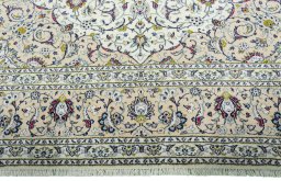 Full view of 2000s Kashan rug from Iran / Persia, 395 × 295 cm in Beige tones