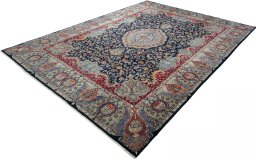 Corner detail of 1970s Kashmar rug showing border pattern and Wool pile