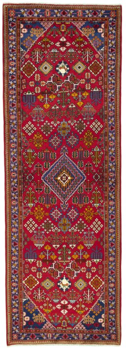 Full view of 2000s Meymeh rug from Iran / Persia, 318 × 111 cm in Red tones