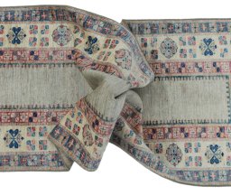Full view of New Kazak rug from Pakistan, 209 × 72 cm in Beige tones
