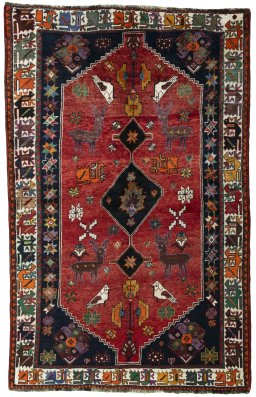 Full view of 2000s Shiraz rug from Iran / Persia, 267 × 169 cm in Red tones