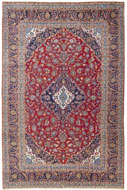 Full view of 2000s Kashan rug from Iran / Persia, 383 × 253 cm in Red tones