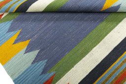 Full view of New Kilim Sofre rug from Turkey, 104 × 92 cm in Multi Color tones