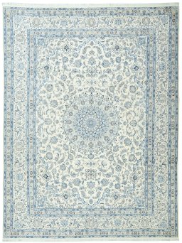 Full view of New Nain rug from Iran / Persia, 395 × 297 cm in Beige tones
