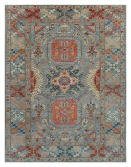 Full view of New Kazak rug from Pakistan, 269 × 202 cm in Gray tones