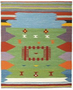 Full view of New Kilim Sofre rug from Turkey, 132 × 108 cm in Multi Color tones