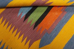 Full view of New Kilim Sofre rug from Turkey, 108 × 110 cm in Multi Color tones