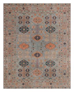 Full view of New Kazak rug from Pakistan, 459 × 360 cm in Gray tones