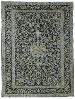 Full view of New Kashan rug from Iran / Persia, 326 × 248 cm in Blue tones
