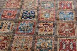 Backside of handmade New Bakhtiari rug showing knot structure and weave density