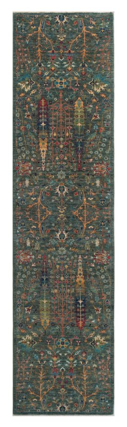 Full view of New Haj-jalili rug from Pakistan, 350 × 83 cm in Green tones