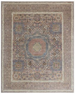 Full view of New Mamluk rug from Pakistan, 304 × 242 cm in Beige tones