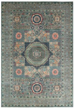 Full view of New Mamluk rug from Pakistan, 308 × 210 cm in Gray tones