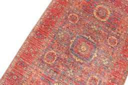 Backside of handmade New Mamluk rug showing knot structure and weave density
