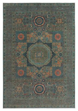 Full view of New Mamluk rug from Pakistan, 302 × 206 cm in Green tones
