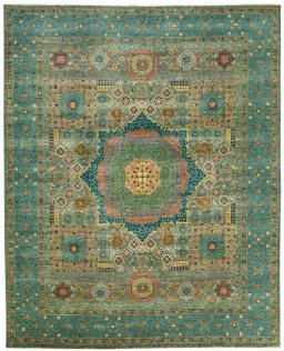 Full view of New Mamluk rug from Pakistan, 305 × 246 cm in Multi Color tones