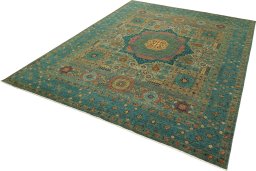 Corner detail of New Mamluk rug showing border pattern and Wool pile