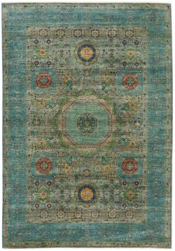 Full view of New Mamluk rug from Pakistan, 275 × 191 cm in Multi Color tones
