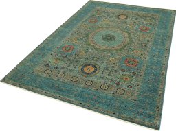 Corner detail of New Mamluk rug showing border pattern and Wool pile