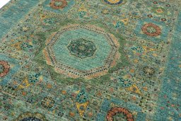 Backside of handmade New Mamluk rug showing knot structure and weave density