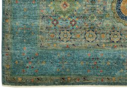 Full view of New Mamluk rug from Pakistan, 275 × 191 cm in Multi Color tones